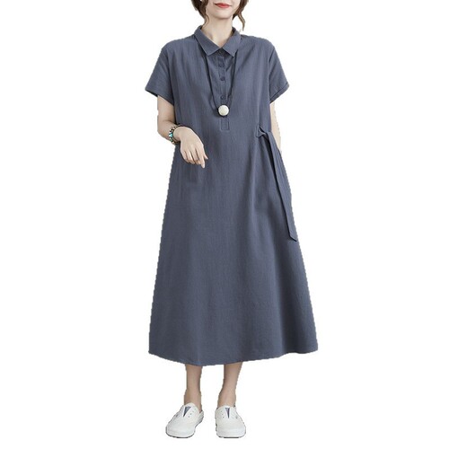 Cross-border new style Japanese solid color cotton and linen lapel short-sleeved loose pocket women's casual dress