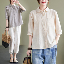 实拍2025新款夏季棉麻上衣七分袖衬衫女文艺复古宽松休闲小衫T恤