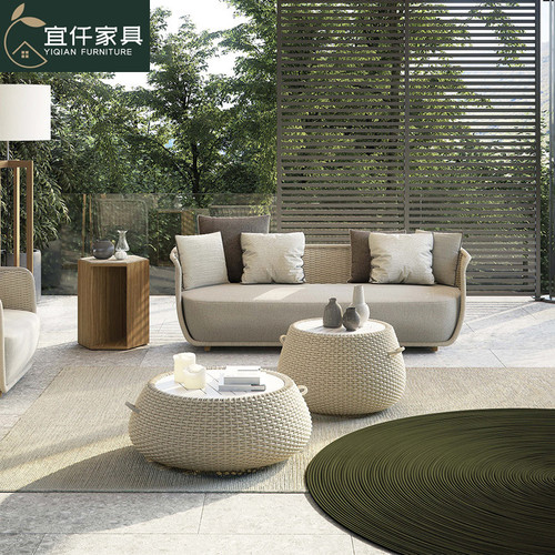 Nordic outdoor sofa courtyard villa living room single waterproof woven rope design rattan furniture solid wood coffee table