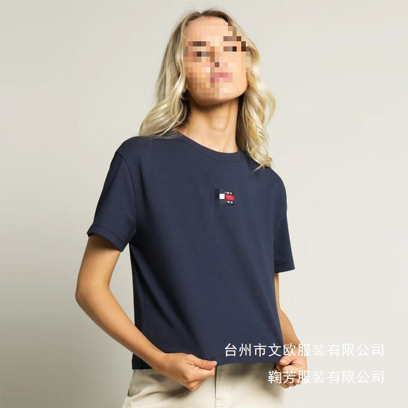 Tommy Women's Loose Fit Drop Shoulder Slimming Embroidered Logo Heavyweight Short Sleeve T-Shirt Versatile Sleeveless Flying Sleeve Wholesale