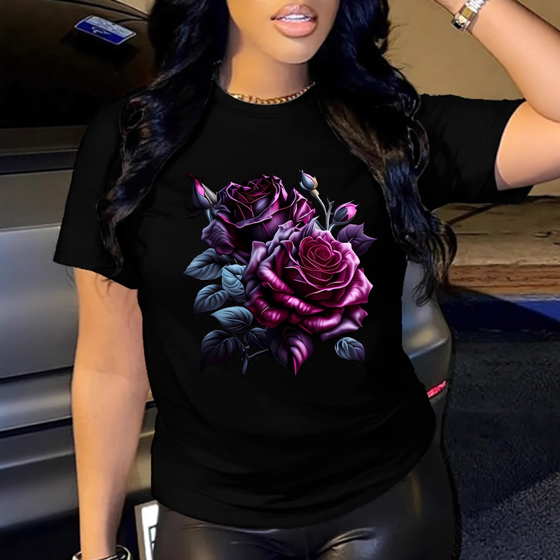 Foreign Trade Spot Summer Short-Sleeved Fashion Short-Sleeved Charming Roses Bloom in the Night Printed T-Shirt for Women