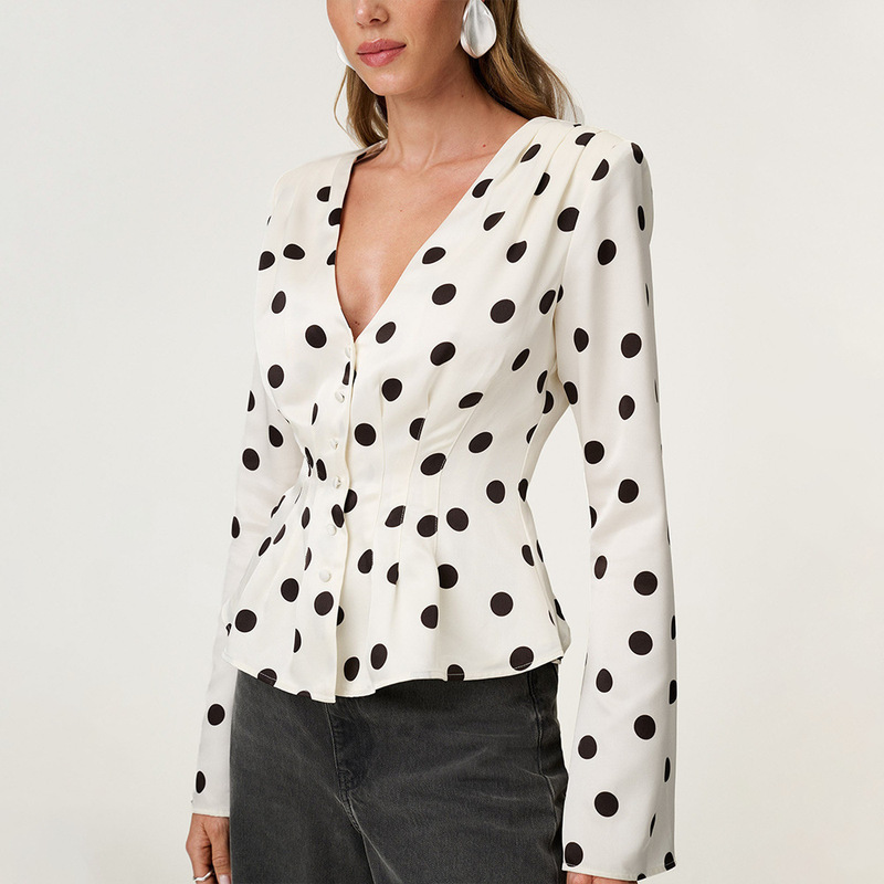 Autumn Cross-Border Ins Polka Dot Style European and American New V Neck Slim Long-Sleeved Comfortable Casual Tops Basic Women's Clothing