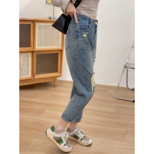 Summer Thin Ripped Harem Jeans for Women, Fashionable Plus Size Loose Slimming Pear-Shaped Body Dad Pants