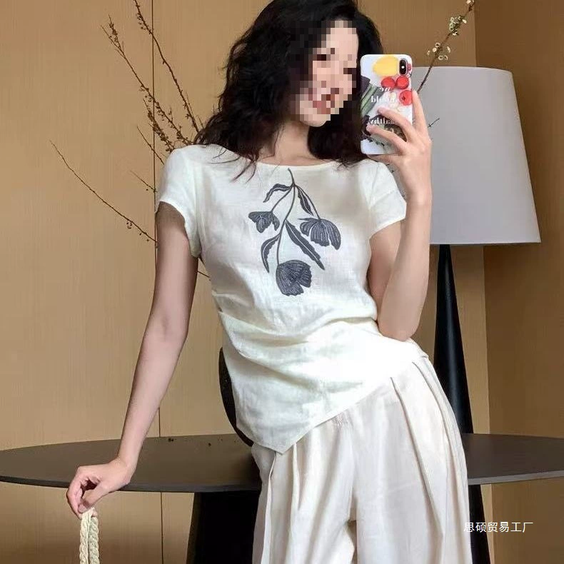 Свежий и ретро ленивый льняной крутой возрастной утягивающий элегантный универсальный молодежный топ с принтом для отпуска