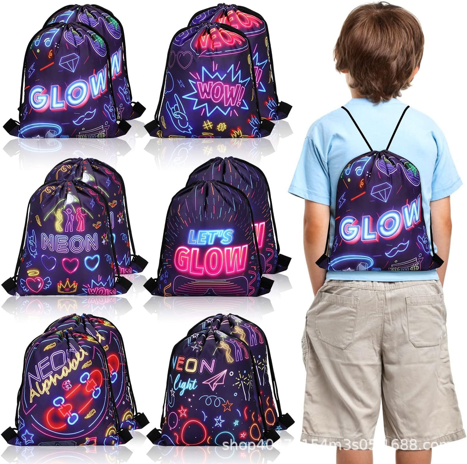 霓虹灯三双肩抽绳背包袋子便携收纳袋涤纶手提抽绳袋束口袋