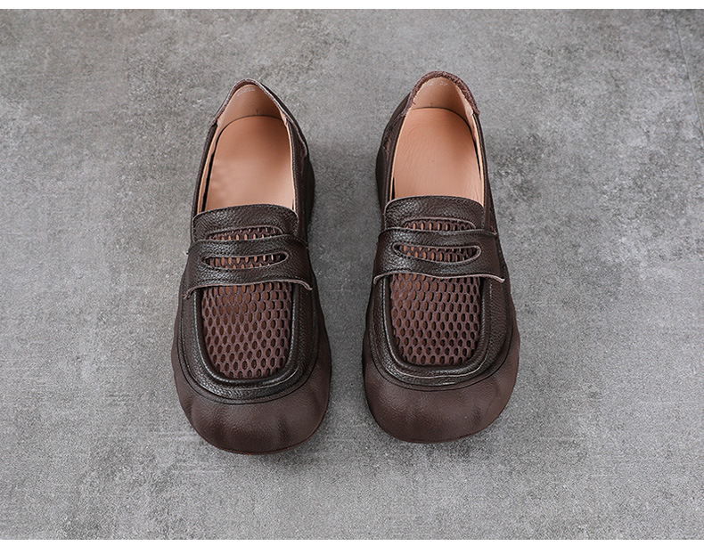Giày sandal lười nữ đế bệt da bò thật phong cách cổ điển mùa hè — màu nâu chi tiết 11