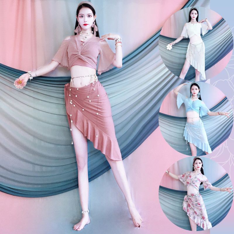 Belly Dance Clothing 2025 Spring and Summer Off-Shoulder Short-Sleeved Practice Clothing Kidsren's Performance Clothing Set Slimming Look Slim Lotus Leaf Apron