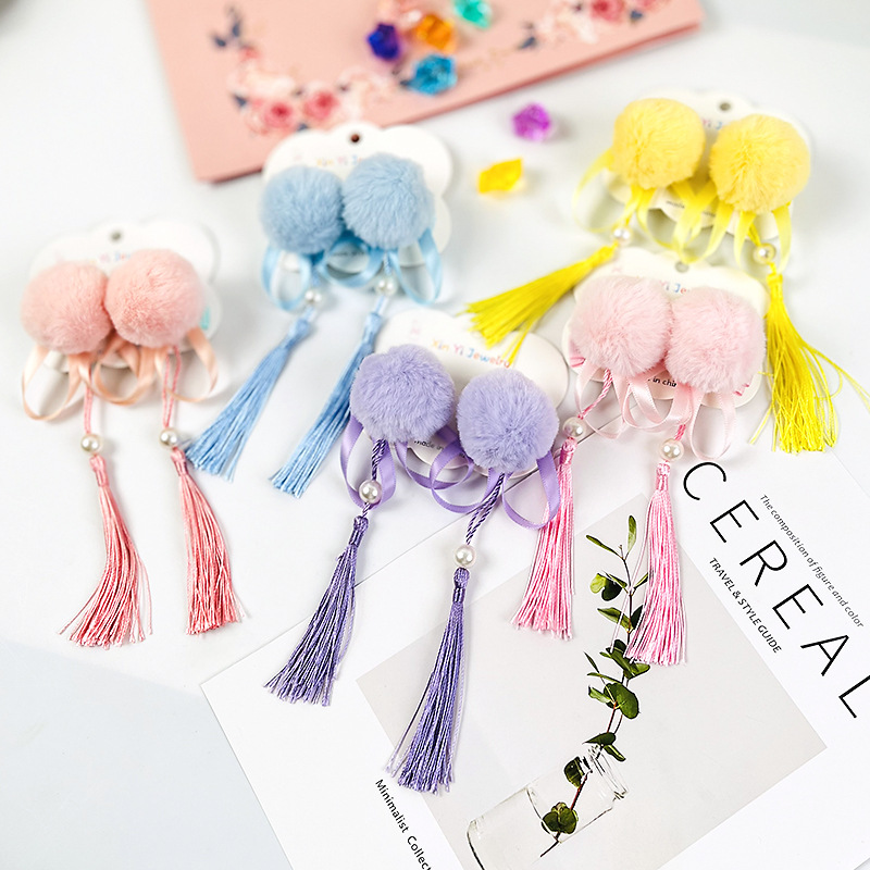 Bola de piel grande clip de pico de pato para niñas Hanfu estilo antiguo tocado de tela horquilla larga borla horquilla no duele el clip lateral del cabello hembra