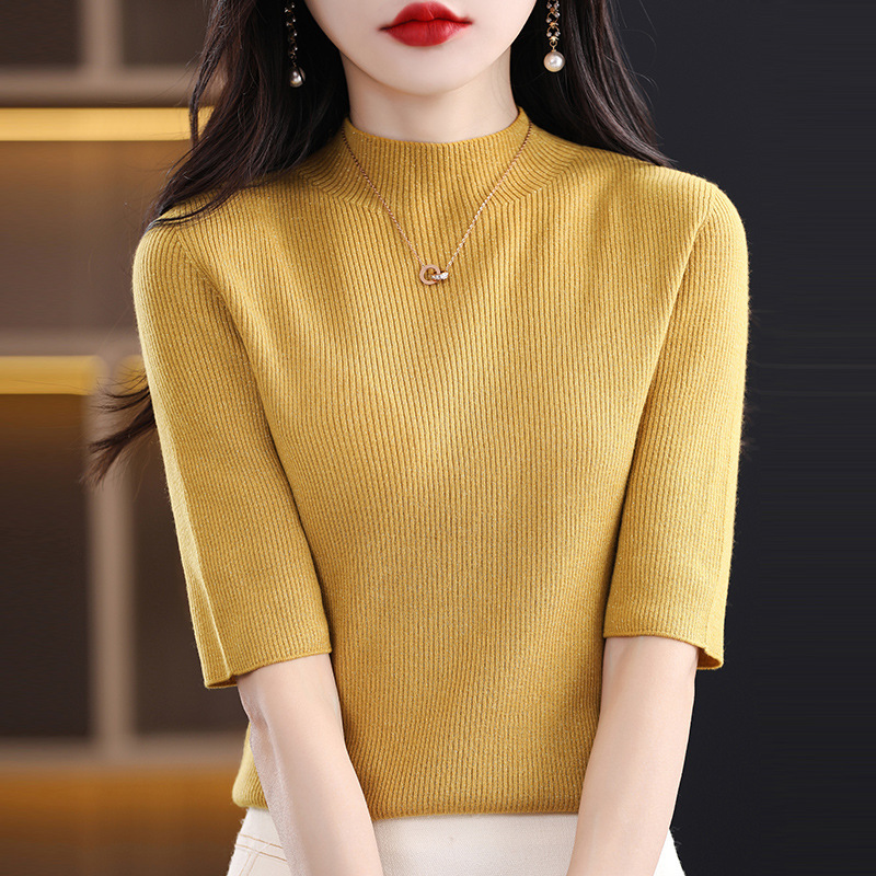 Cross-Border Short-Sleeved Knitwear Women's Pullover Half Turtleneck Top Knitwear Mid-Sleeve Slim Bottoming Shirt 2023 Autum Women's Clothing