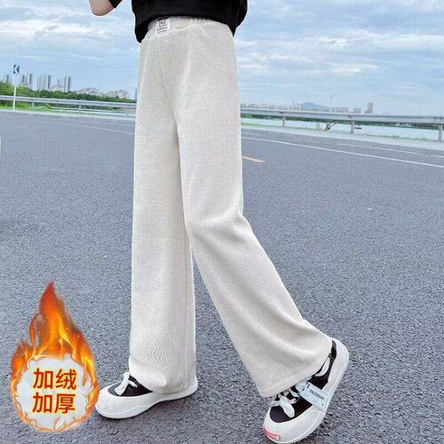 Women's Pants Autumn/Winter Style for Older Children, Stylish Casual Loose Wide Leg Pants with Fleece Lining for Outdoors