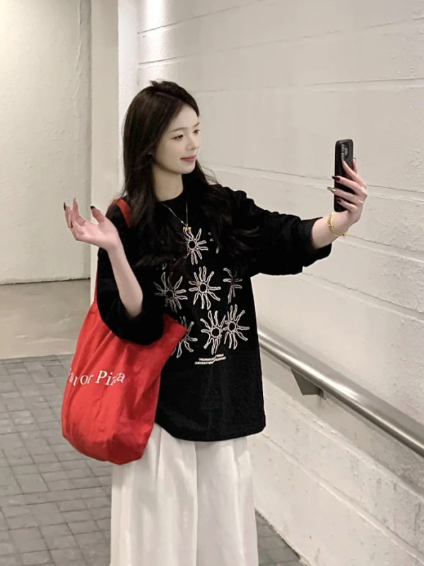 韩系太阳花印花慵懒感长袖T恤女春季打底衫上衣|undefined