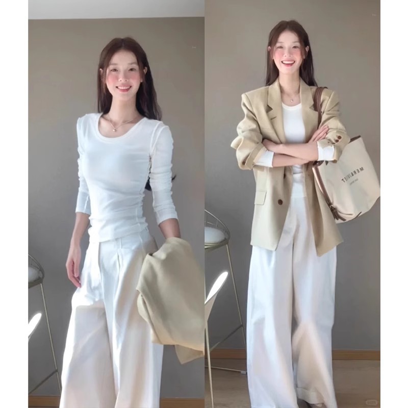 白色u领内搭打底衫修身长袖上衣女春秋季薄款西装低领正肩t恤紧身