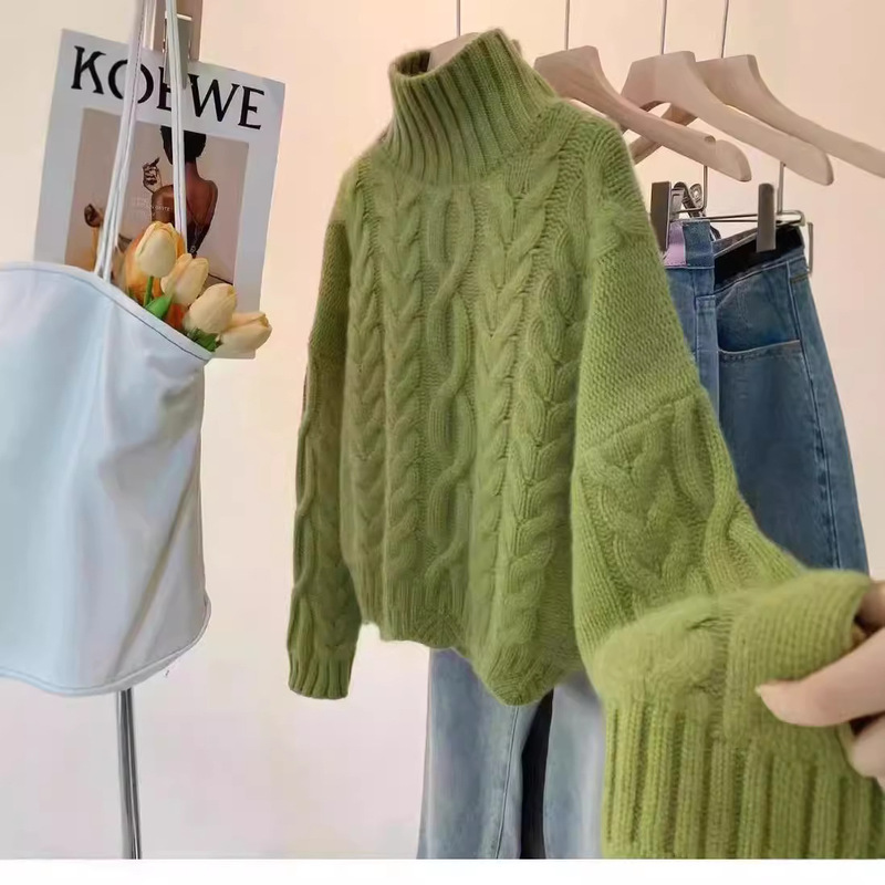 Retro Cable Turtleneck Women's Solid Color Sweater Women's Loose Casual Commuting Autumn and Winter Casual Thickened Sweater Bottoming