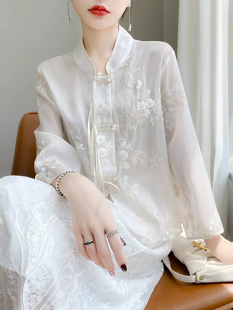 女中式外套上衣女一件代发2023夏季新款中国风唐装复古刺绣衬衫