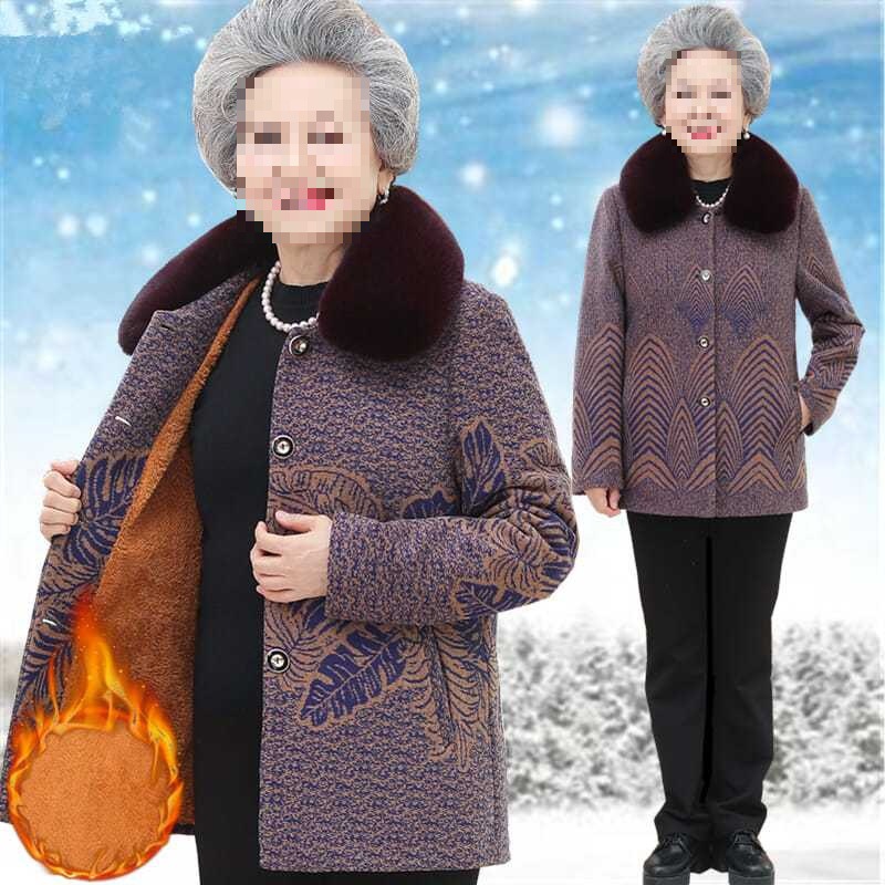 中老年人秋装女外套奶奶装毛呢大衣妈妈冬装加绒棉衣老太太上衣服
