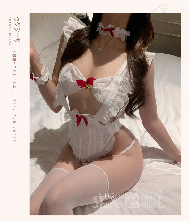 Maid Roleplay Lingerie Set with Stockings, Backless Lace Costume, One Size — detail image 7