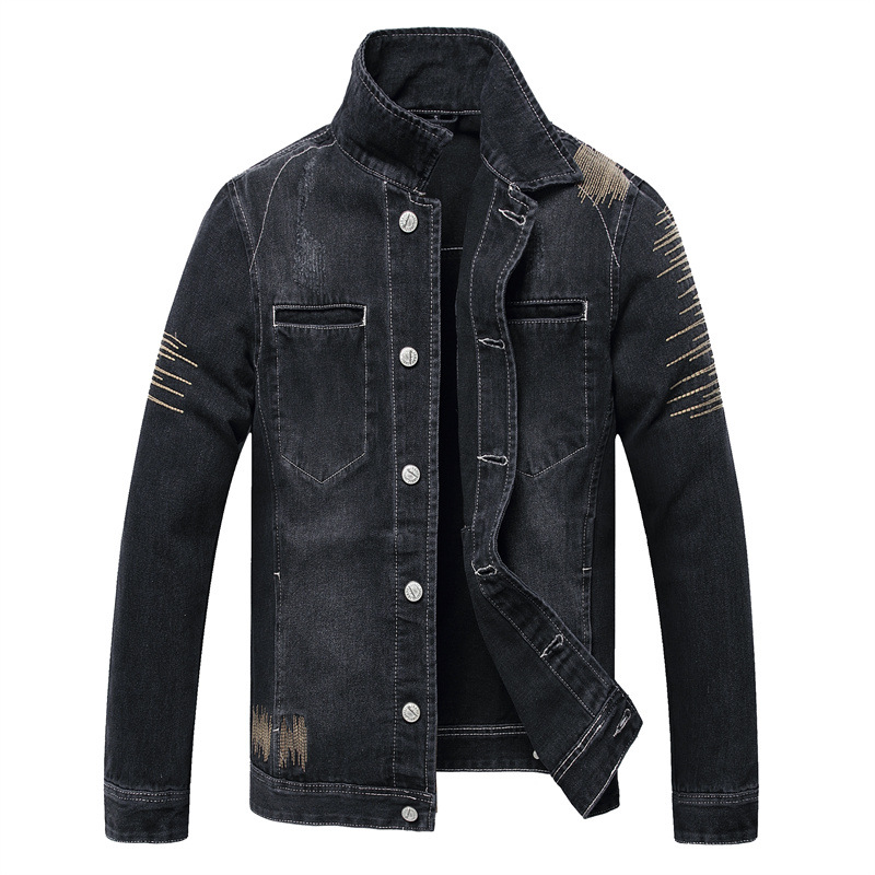 Giacca monopetto nera da uomo, casual primaverile in denim ricamato con tasche laterali in cotone_voghion.com