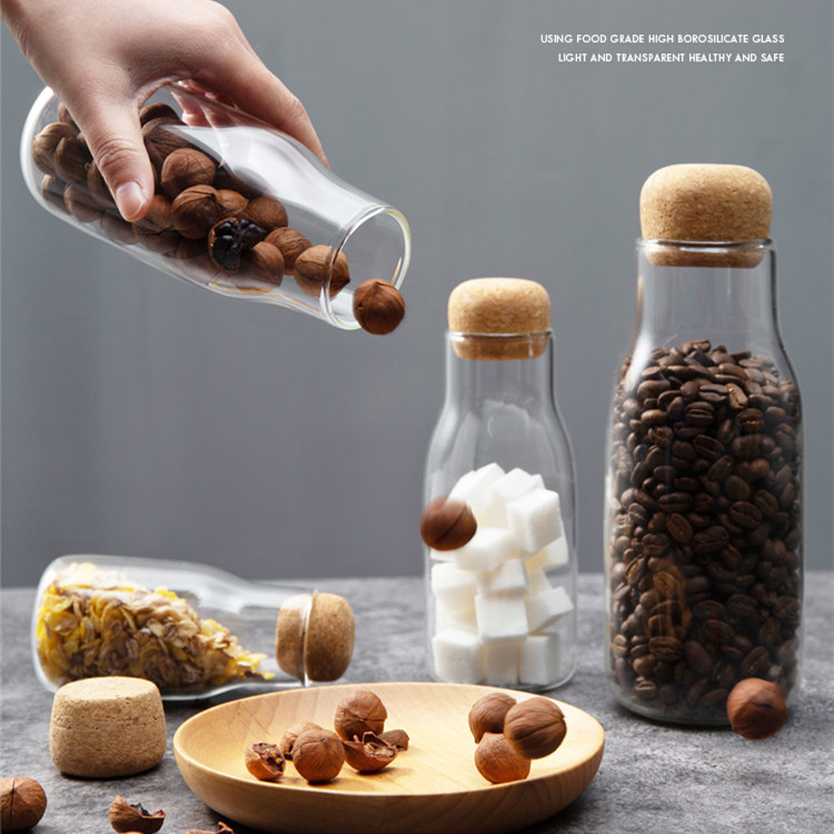 Tarro de almacenamiento de vidrio de corcho frasco de té de vidrio de especificación múltiple Botella de almacenamiento de café transparente