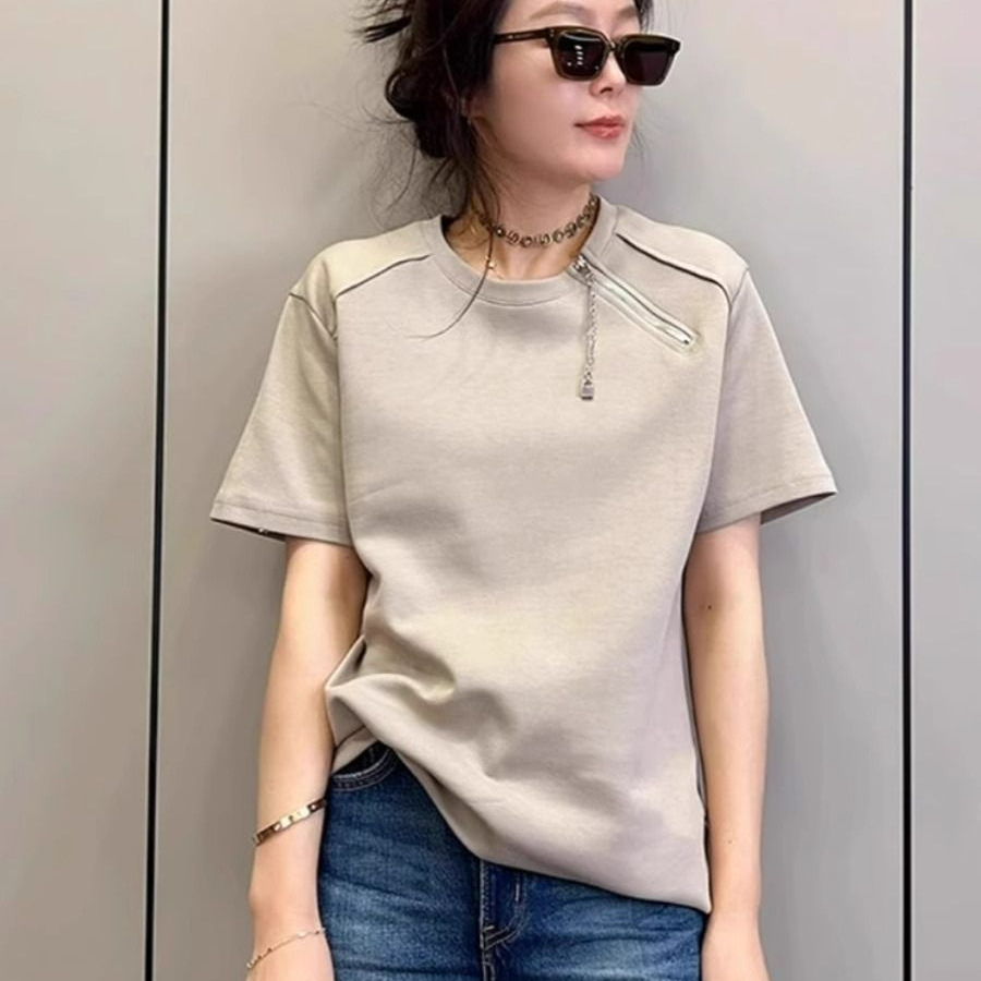 欧洲站2025夏季新款时尚拉链女士短袖t恤宽松半袖上衣服爆款女装