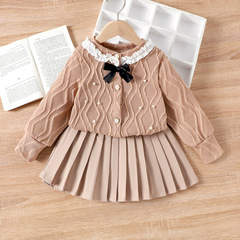 Kids clothing 跨境外贸秋冬新款小童咖色长袖上衣+短裙套装