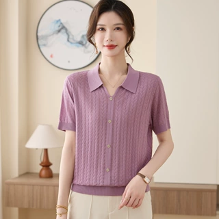 冰丝短袖t恤女2026新款翻领薄款针织衫妈妈夏装时尚洋气年轻上衣