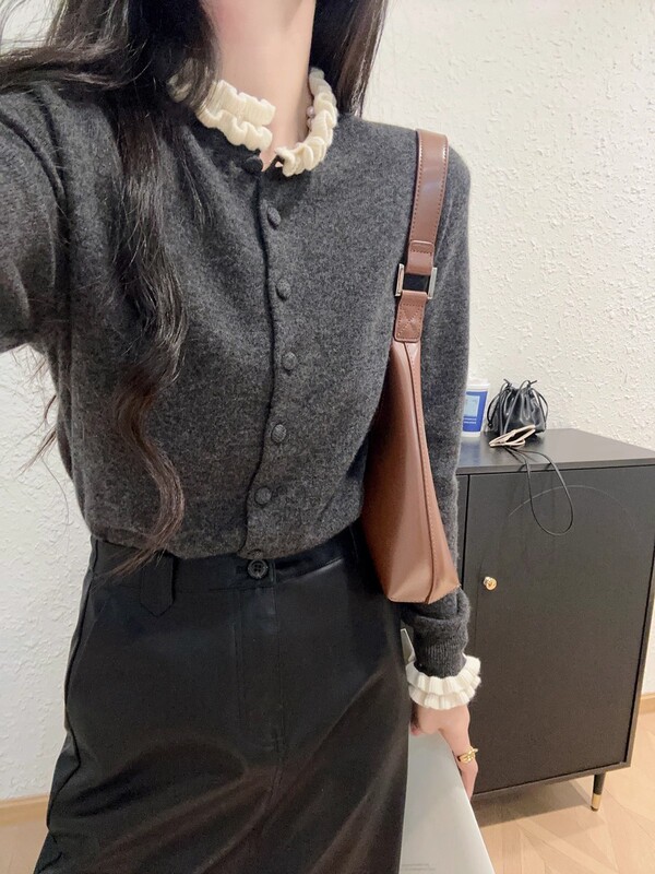 法式灰色木耳边假两件长袖针织开衫女早秋外搭高级感短款上衣外套|undefined
