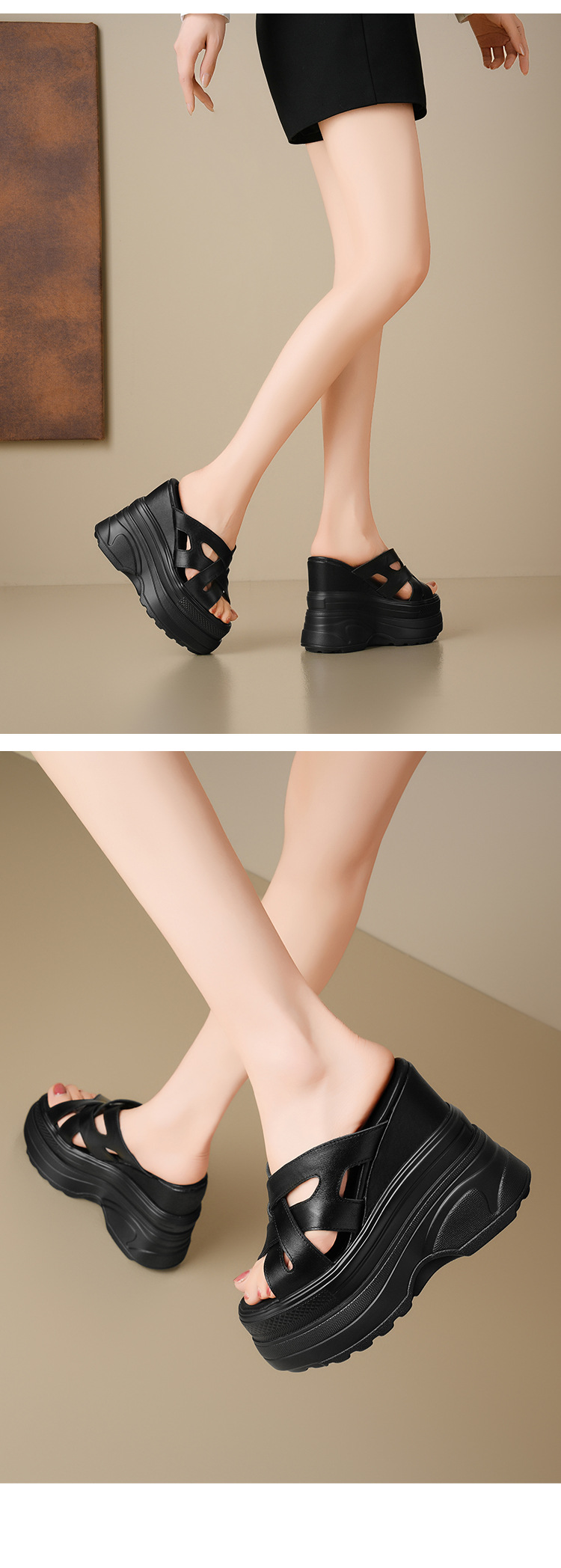 Sandal đế xuồng cao gót 14 cm quai chéo hở mũi mùa hè — Màu nâu, Màu đen, Màu trắng chi tiết 13