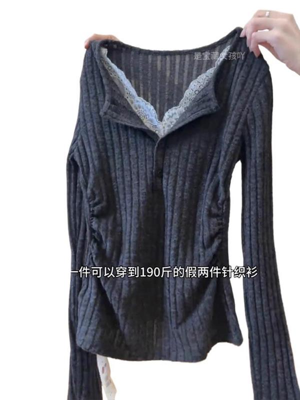 长袖针织V领打底衫女假两件蕾丝设计感纯欲修身内搭上衣开秋穿搭|undefined