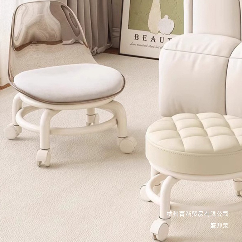 Swivel Small Stool for Living Room, New Model with Wheels, Home Use, Movable Shoe-Changing Stool, Round Solid Wood Stool for Unpacking Packages