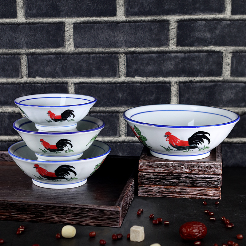 Rooster Bowl Old-Fashioned Nostalgic Classic Tvb Retro Ceramic Bowl for Home and Commercial Use, Large Rooster Noodle Bowl