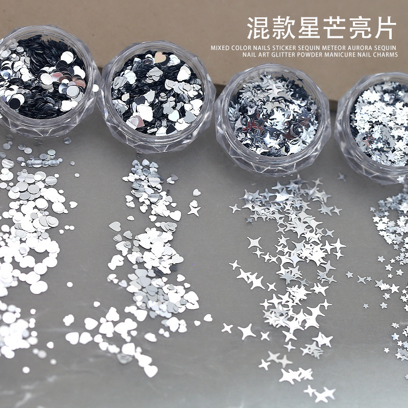 Wholesale Silver Mixed Sequin Nail Art Jewelry Large and Small Starburst Heart Five-Pointed Star Round Nail Decoration Patch Wholesale Silver Mixed Sequin Nail Art Jewelry Large and Small Starburst Heart Five-Pointed Star Round Nail Decoration Patch