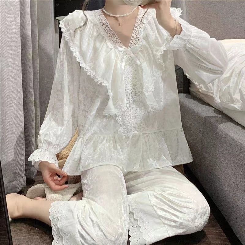 플러스 사이즈 200 진 다이아몬드 벨벳 잠옷 가을 겨울 여자 황금 벨벳 달콤한 레이스 공주 바람 그물 붉은 바람