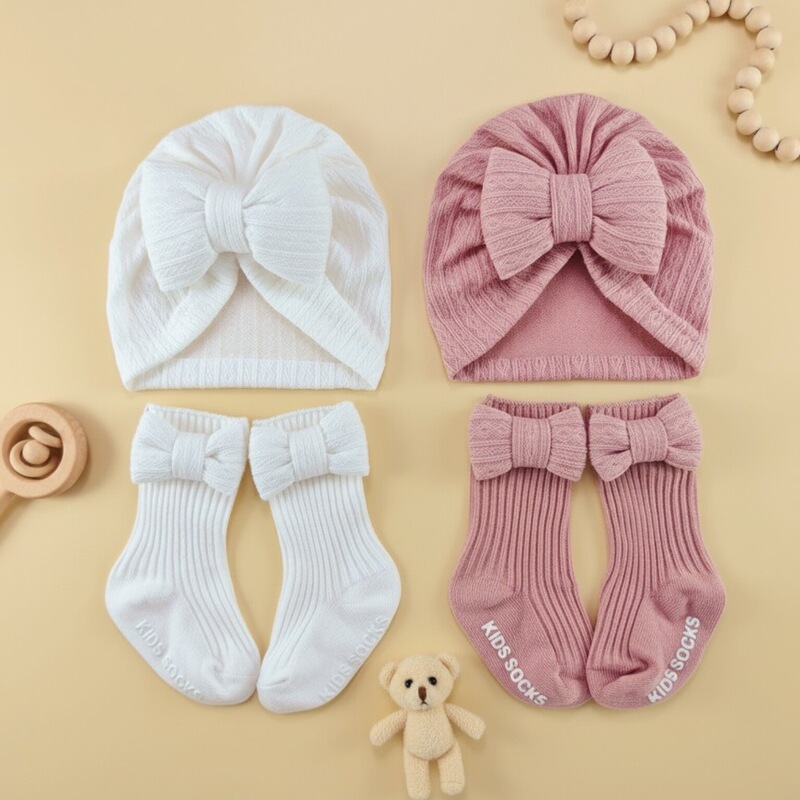 New Newborn Hat and Socks Set Baby Bowknot Fetal Cap Children's Spring and Autumn Style Headscarf Hat Direct Sale