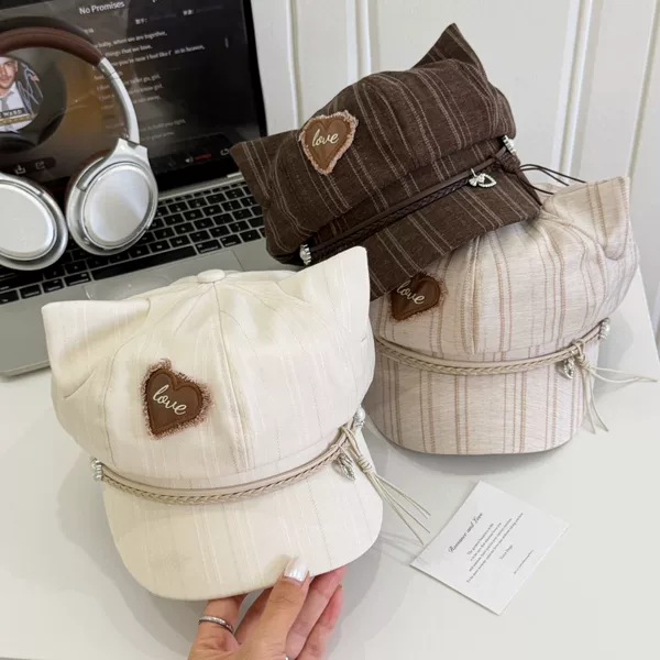 Japanese-style cute cat-ear heart-sticker octagonal hat for women, sweet and versatile for early autumn, makes the face look smaller, beret newsboy cap