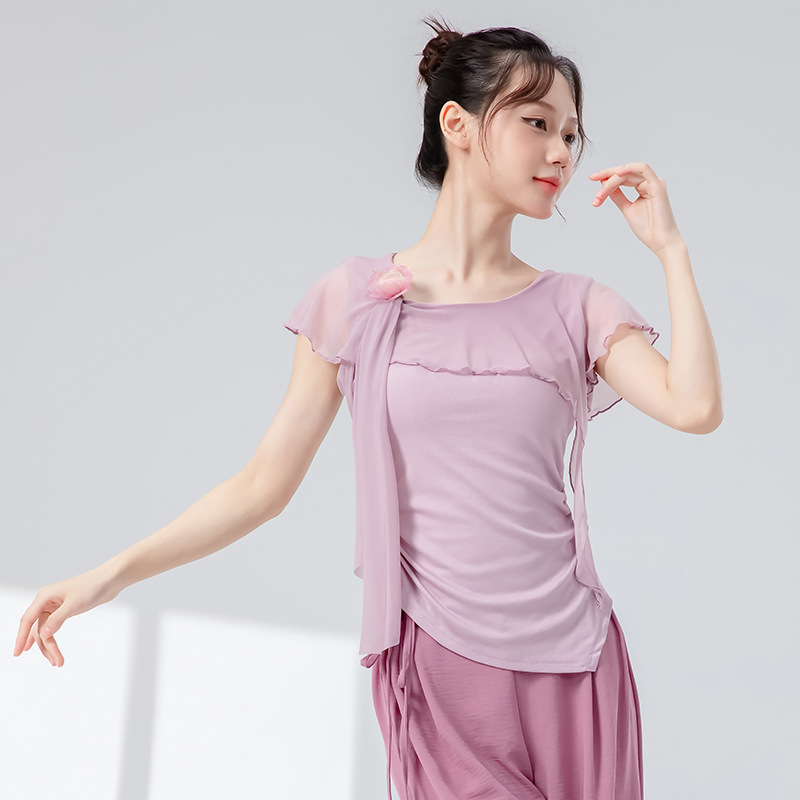 古典舞身韵新款花朵网纱拼接上衣中国舞现代舞形体舞蹈练功服纱衣|undefined