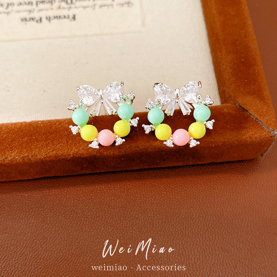 Agujas de plata de arco de piedra de arco de resina de aretes redondos de moda de estilo dulce pendientes personales de lujo ligero de alta calidad pendientes