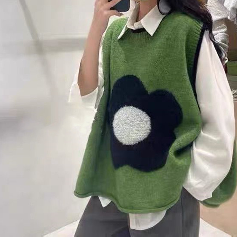 Nuevo chaleco sin mangas a juego de color redondo de punto última moda Color de contraste suelta suéter de chaleco de estilo coreano para mujer 2023 Otoño e Invierno