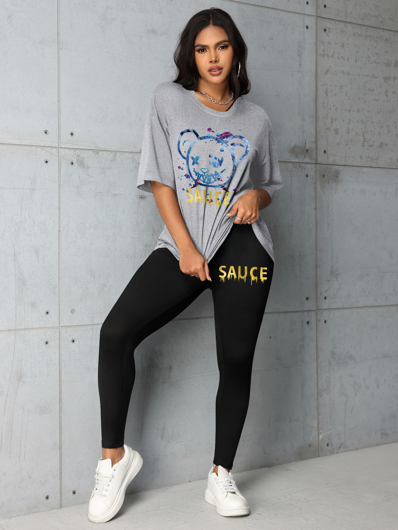 Plus Size Women’s Matching Set With Letter & Bear Print Summer_voghion.com