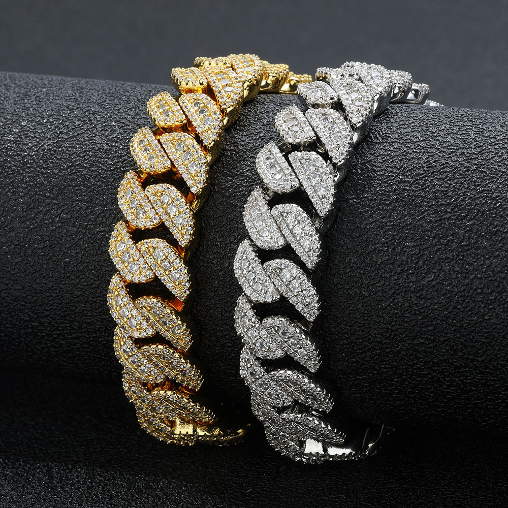 European And American Hip-Hop Hot Sale 14mm Flip Clasp Full Diamond Zircon Cuban Chain Men's Bracelet Cross-Border_voghion.com