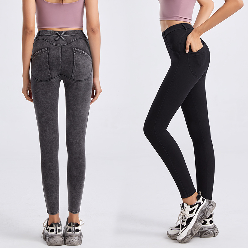 Primavera y verano nueva cintura alta cadera levantamiento yoga Denim pantalones ajustados de las mujeres estiramiento apretado adelgazamiento desgaste exterior fitness pantalones Casuales