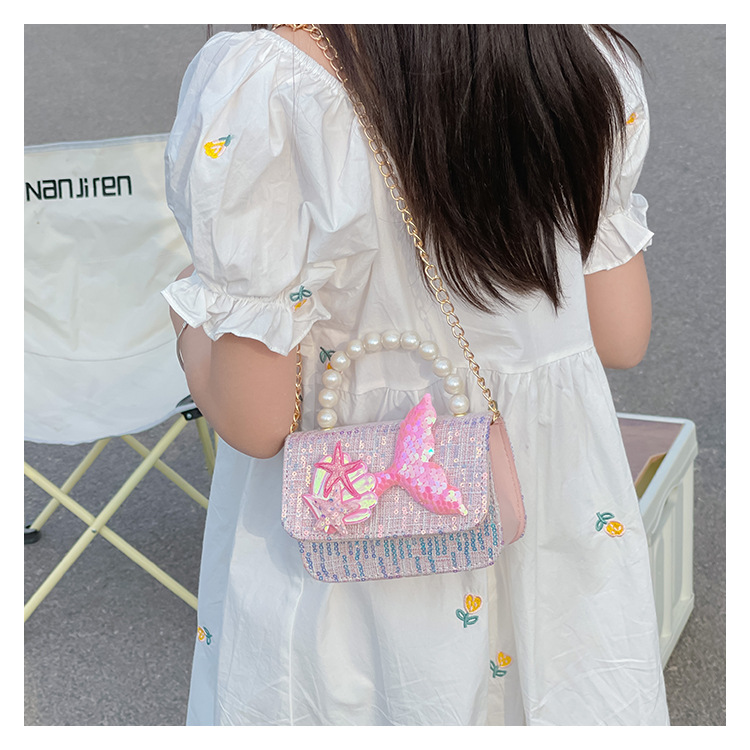 Girl's Small Cotton Shell Fish Tail Cute Sequins Pearls Square Flip Cover Crossbody Bag display picture 2