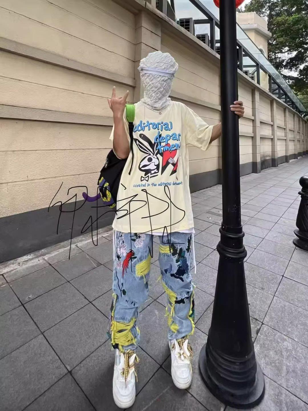Heavy Embroidered Ripped Jeans American Hong Kong Style Street Fashion for Men And Women mid Waist Straight Pants Blue Long Brushed_voghion.com