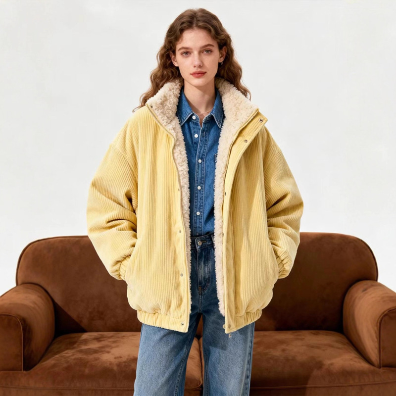 Cream High-Neck Corduroy Jacket Women's Winter Thickened Fleece Lamb Wool Top Loose Retro Jacket