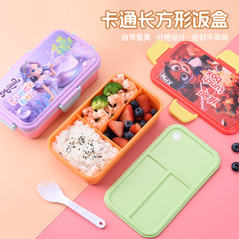 New Cartoon-Printed Children's Lunch Box with Three Compartments, Anti-Odor Plastic Lunch Box, Portable Sealed Fresh-Keeping Lunch Box for Students