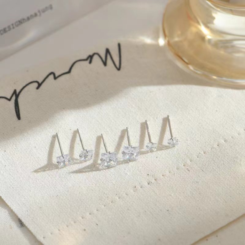 1 Pair Quantity Holiday, Daily Occasion 1 Pair 925 Sterling Silver Zircon 925 Sterling Silver Earrings Square Ear Studs