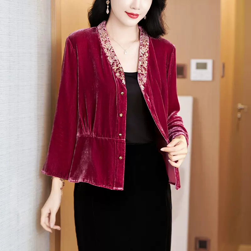 高品质减龄中年女气质重工刺绣v领桑蚕丝绒上衣收腰显瘦气质衬衫