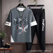 青年运动长裤两件套外贸夏季学生休闲套装男士薄款潮流短袖t恤