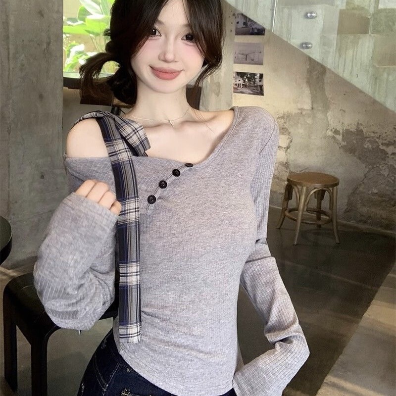 韩系设计感灰色蝴蝶结系带长袖T恤女秋季新款不规则修身露肩上衣|undefined
