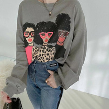 韩国ins复古个性领口做旧工艺头像印花加绒卫衣