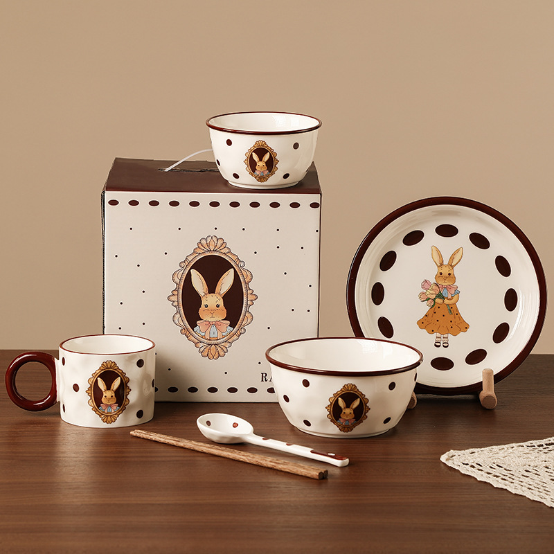 Creative Retro Ruia Rabbit Dishes and Plates Set for One Person Ceramic Tableware Opening Real Estate Souvenir Set Bowl Gift Box Creative Retro Ruia Rabbit Dishes and Plates Set for One Person Ceramic Tableware Opening Real Estate Souvenir Set Bowl Gift Box